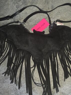 Betsey Johnson Black Suede Bat Fringe Crossbody Bag